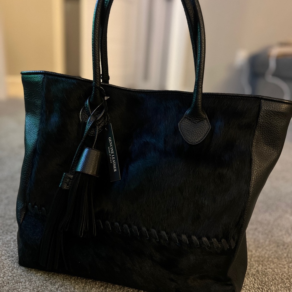 Genuine Leather Black Tote Bag with Tassel